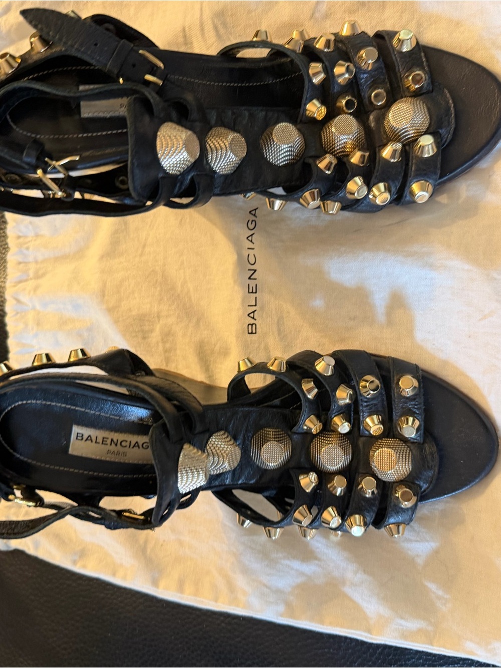 Balenciaga Black Leather Studded Gladiator Sandals with Gold Accent